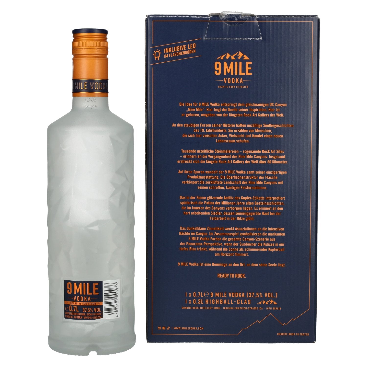 9 Mile Vodka 37,5% Vol. 0,7l in Geschenkbox mit Glas