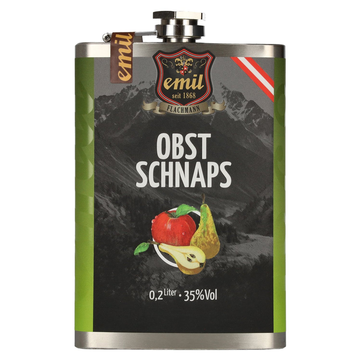 emil 1868 Fruit Schnapps 35% ABV 0.2l in a hip flask