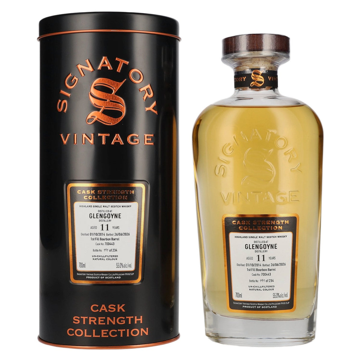 Signatory Vintage Glengoyne 11 Years Old 1st Fill Bourbon Barrel Cask Strength #700443 2014 55% Vol. 0.7 l in a tin box