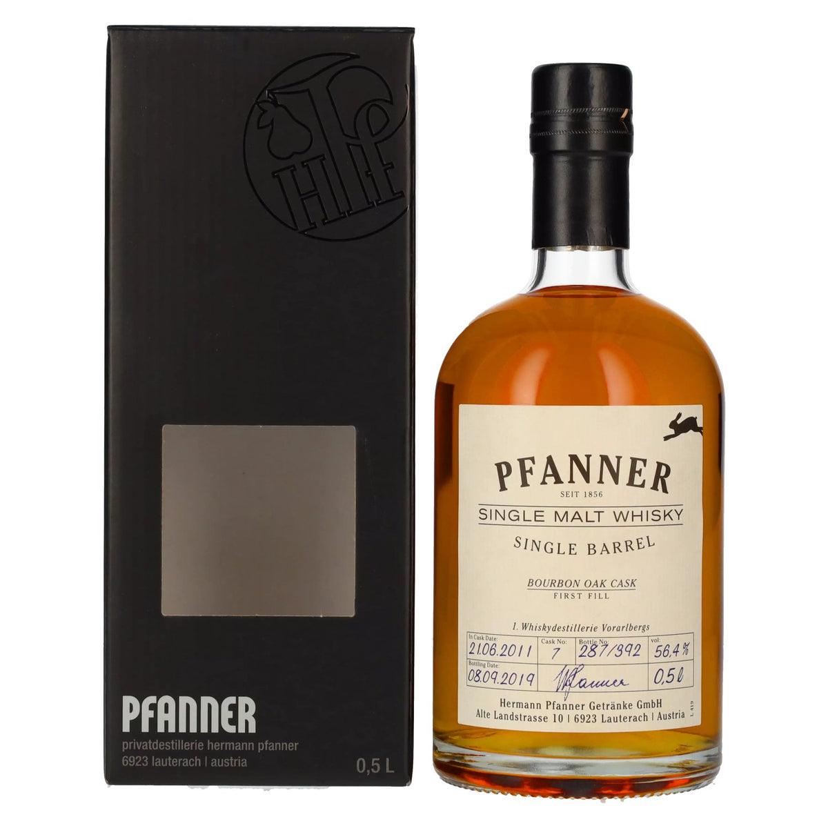 Pfanner Single Barrel First Fill Bourbon Oak Cask Single Malt Whisky 56.4% ABV, 0.5 litres in a gift box