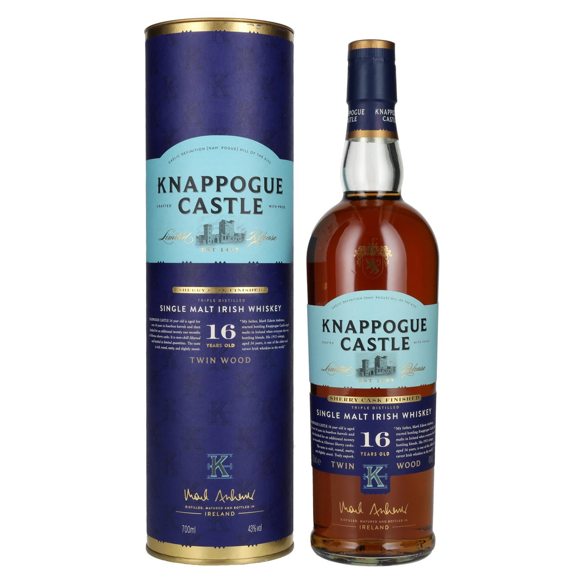 Knappogue Castle 16 Years Old TWIN WOOD SHERRY CASK FINISHED 43% Vol. 0,7l in Geschenkbox