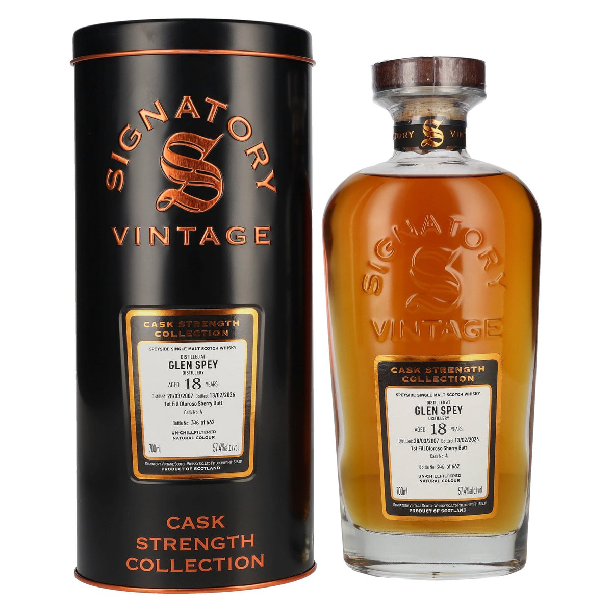 Signatory Vintage Glen Spey 18 Years Old 1st Fill Oloroso Cask Strength #4 2007 57.4% vol. 0.7 l in a tin box