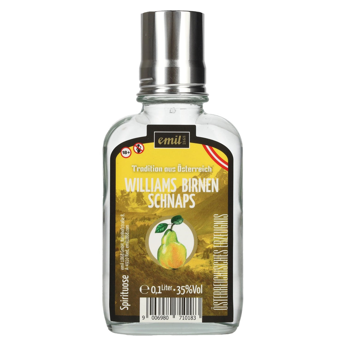 emil 1868 Williams Pear Schnapps 35% ABV, 0.1 l in a pocket-sized bottle
