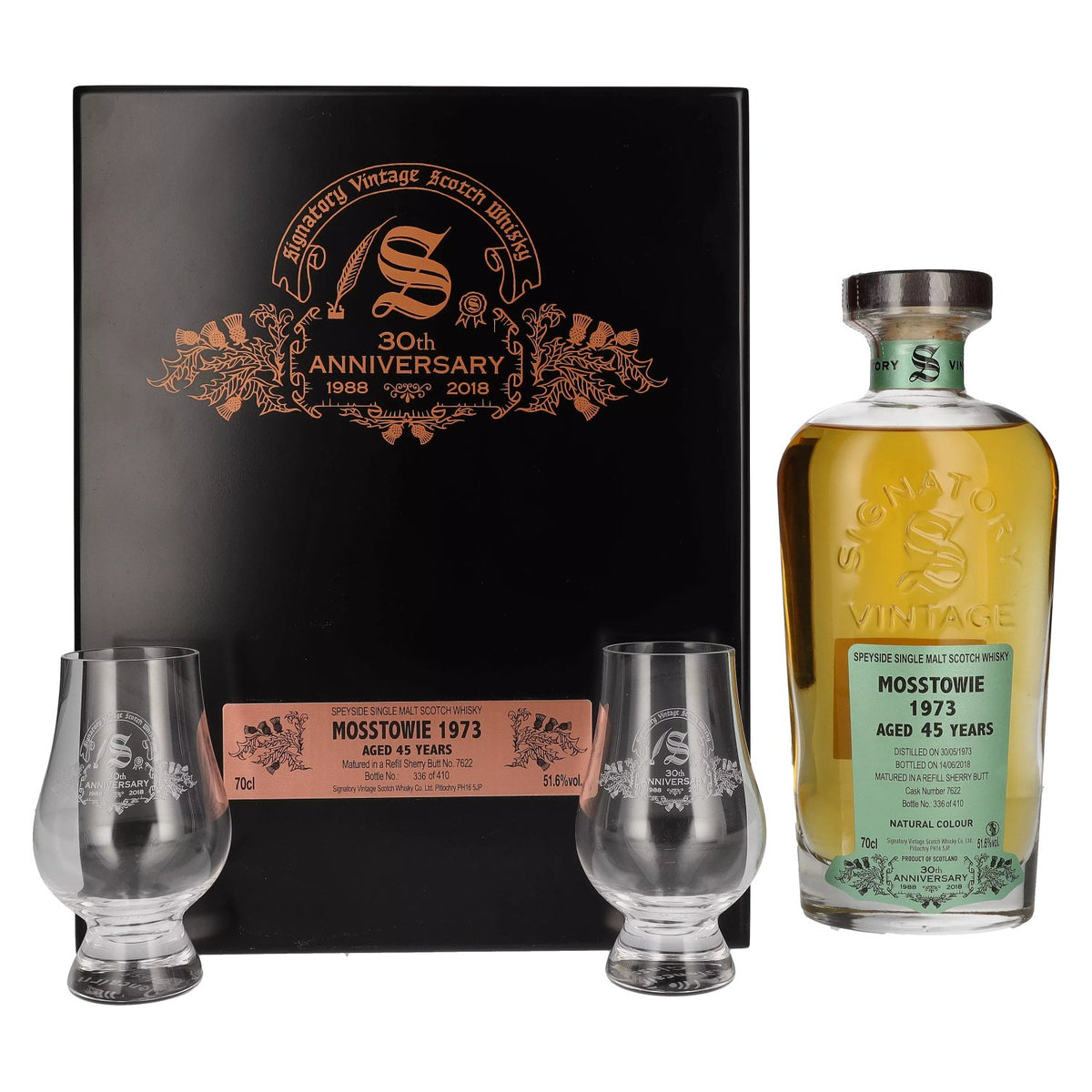 Signatory Vintage MOSSTOWIE 45 Years Old 30th ANNIVERSARY 1973 51.6% Vol. 0.7l in wooden box with 2 glasses