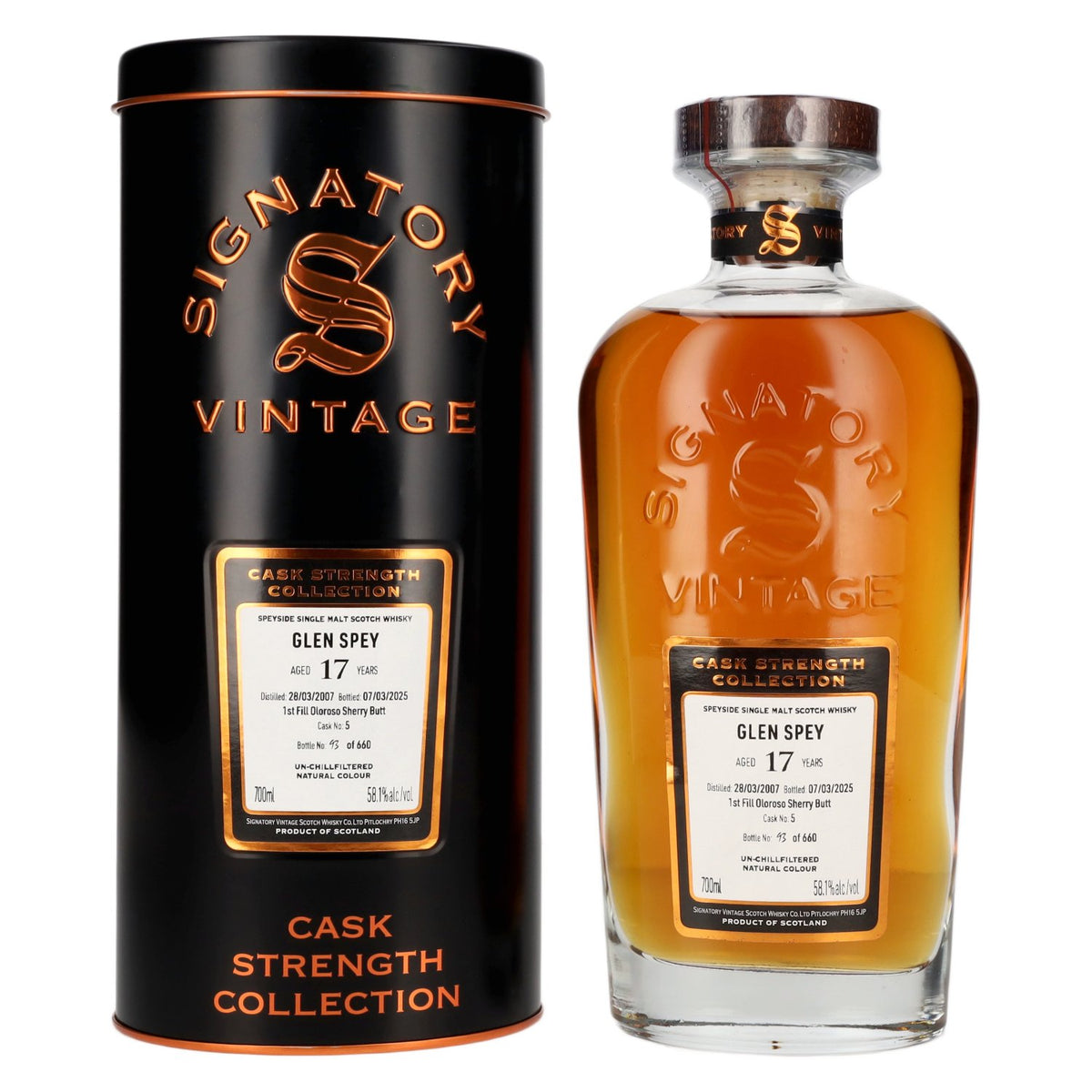 Signatory Vintage GLEN SPEY 17 Years Old 1st Fill Oloroso Cask Strength #5 2007 58,1% Vol. 0,7l in Tinbox