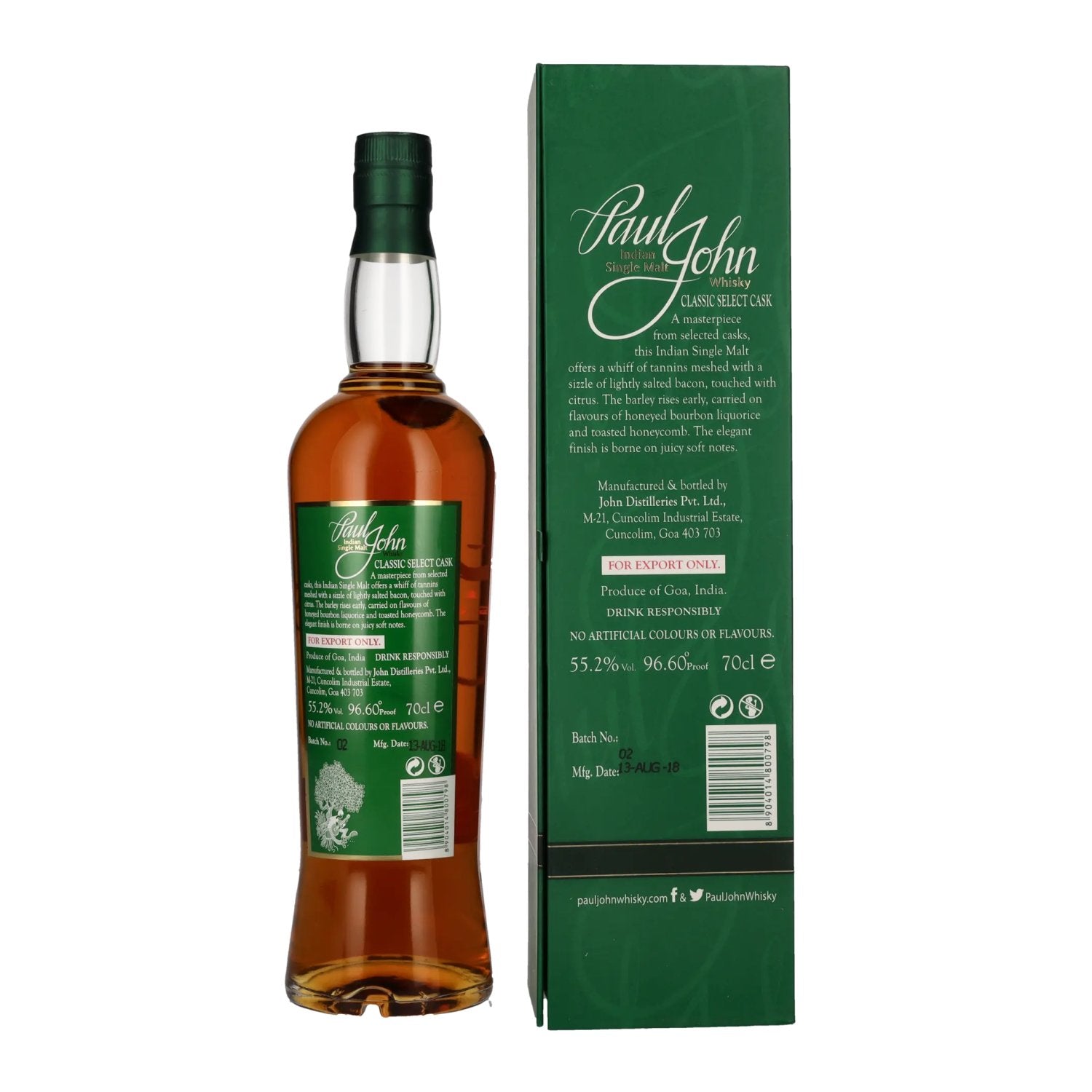 Paul John CLASSIC Select Cask Indian Single Malt Whisky 55.2% Vol. 0.7l in Gift Box