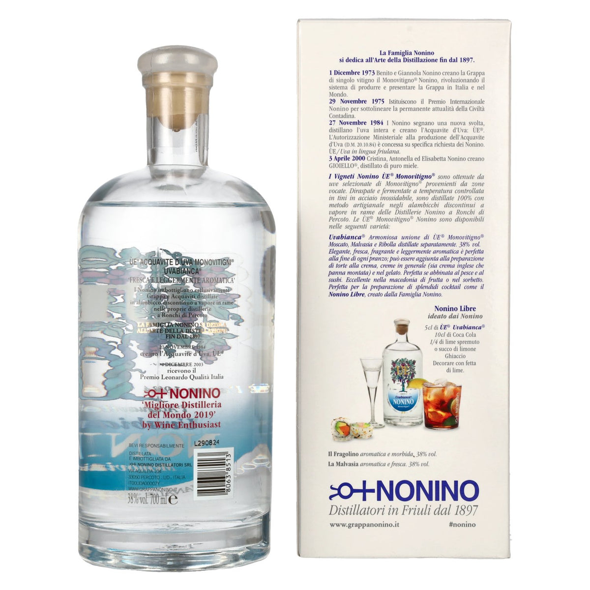 Nonino Grappa ÙE Monovitigni Uvabianca 38% vol. 0.7 l in a gift box