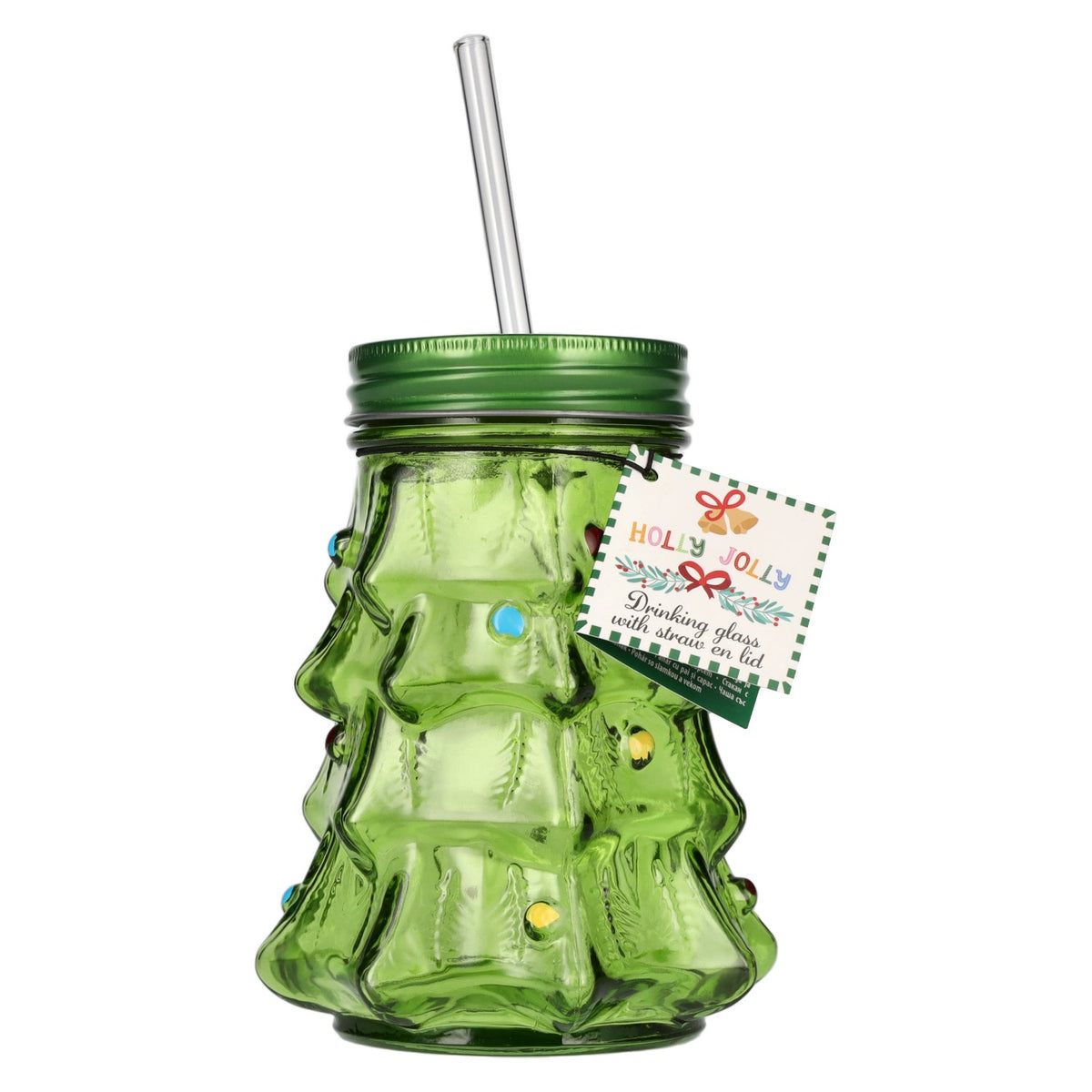 0.5-litre Christmas tree-shaped drinking glass with lid and straw