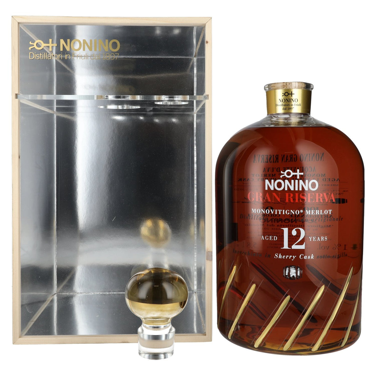 Nonino Grappa 12 Years Monovitigno Merlot Gran Riserva Sherry Cask 41% Vol. 5.8l in Wooden Box with Dispenser Pump