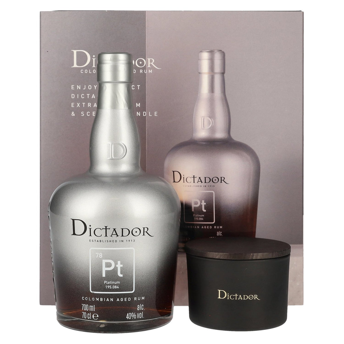 Dictador PLATINUM Colombian Aged Rum 40% vol. 0.7l in a gift box with a candle