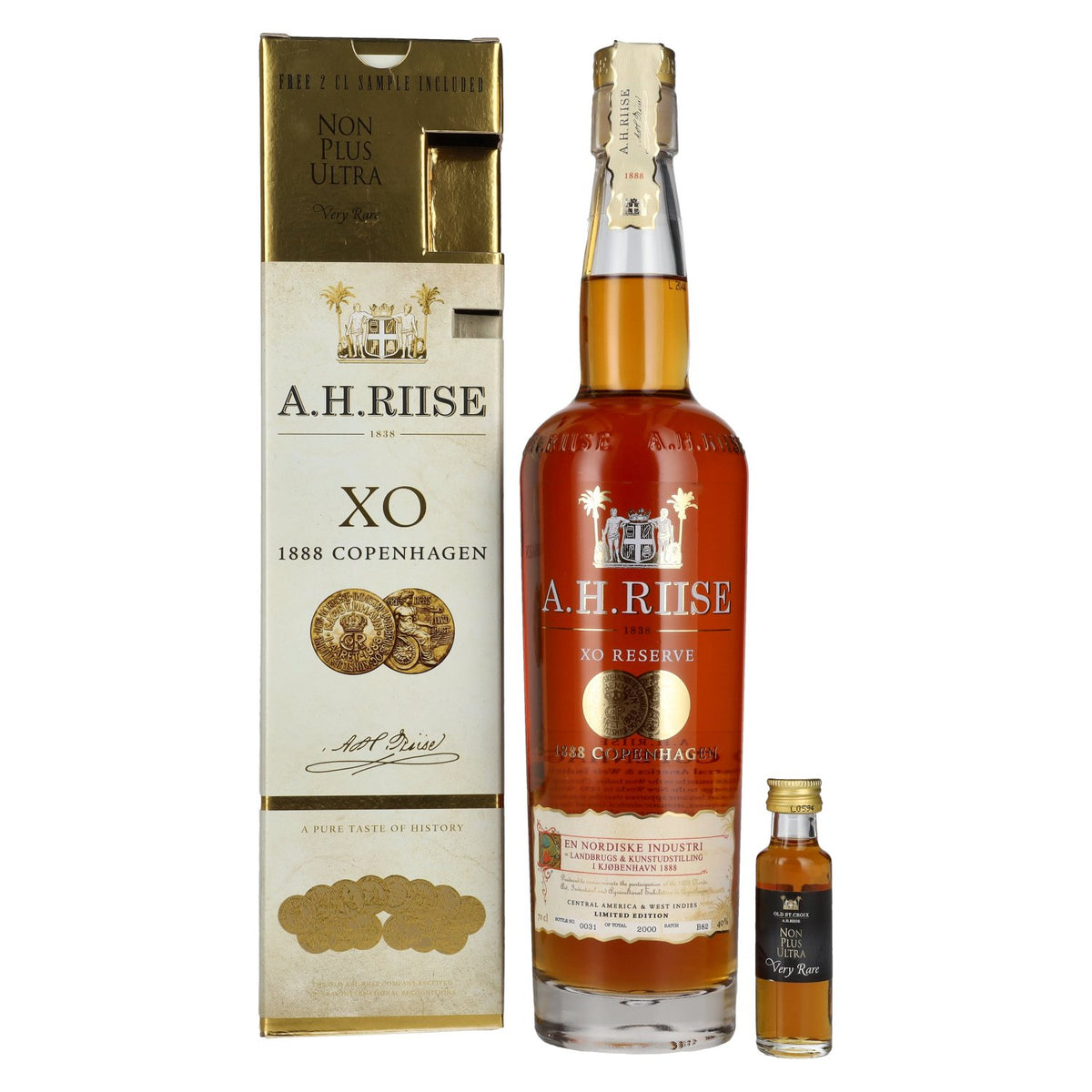 A.H. Riise 1888 COPENHAGEN XO Spirit Drink 40.1% vol. 0.7l in a gift box with a 0.02l miniature bottle of Non Plus Ultra