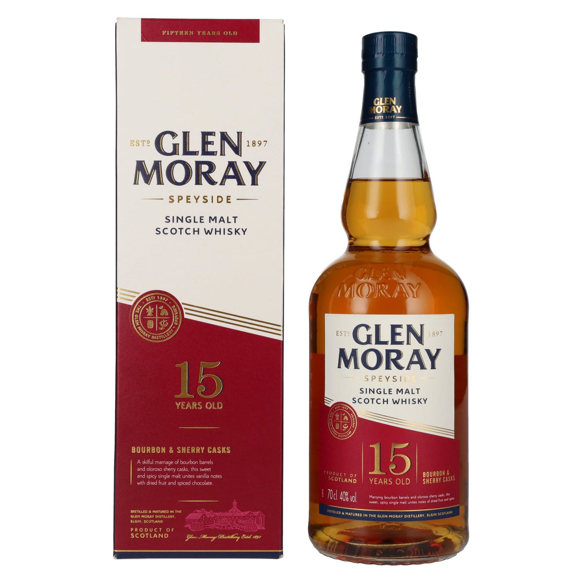 Glen Moray 15-Year-Old Bourbon &amp; Sherry Cask Speyside Single Malt 40% vol. 0.7 l in a gift box
