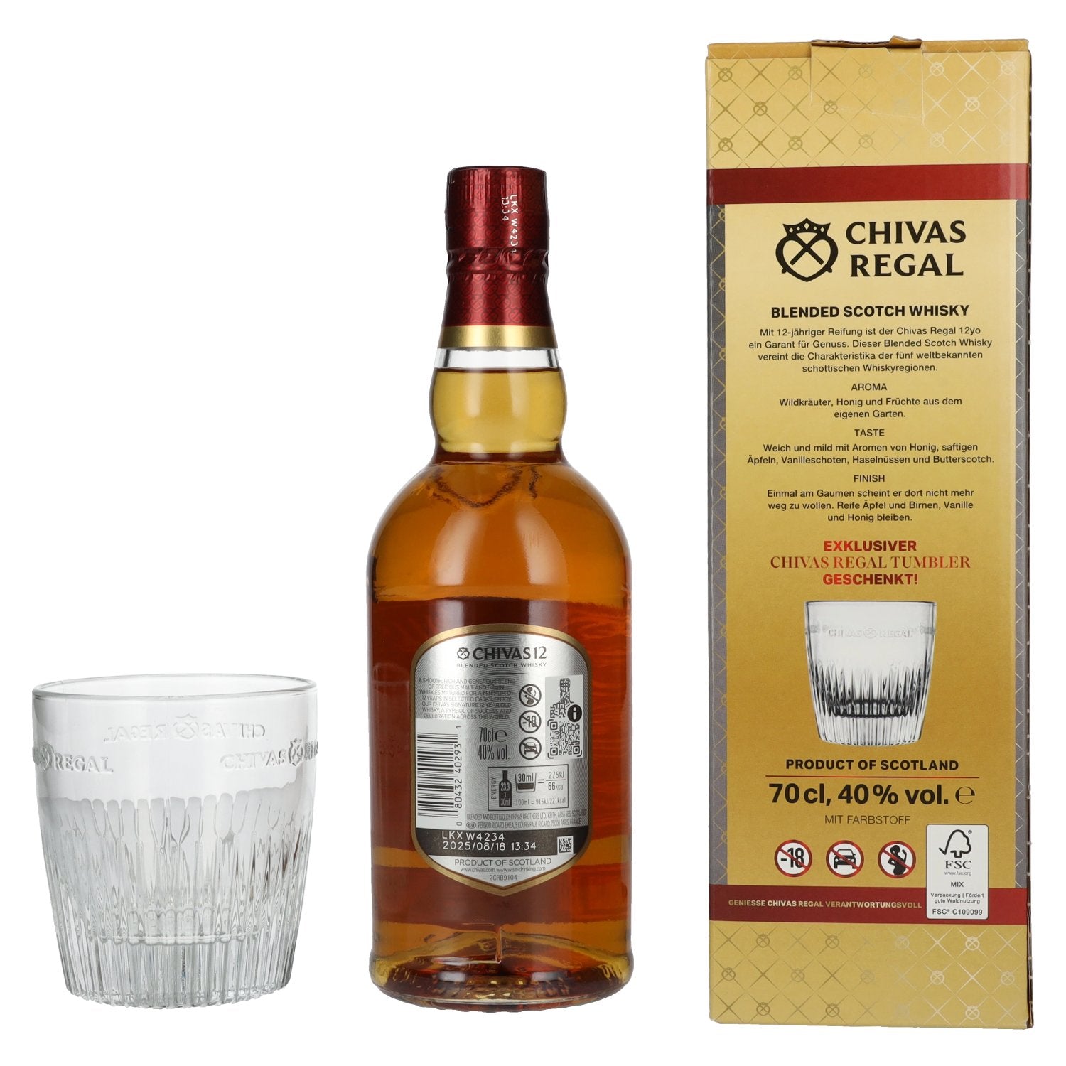 Chivas Regal 12 Years Old Blended Scotch Whisky 40% Vol. 0,7l mit Tumbler Glas