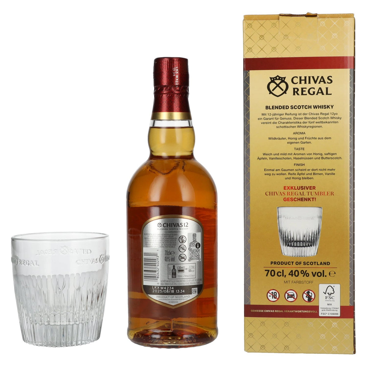 Chivas Regal 12 Years Old Blended Scotch Whisky 40% Vol. 0,7l mit Tumbler Glas