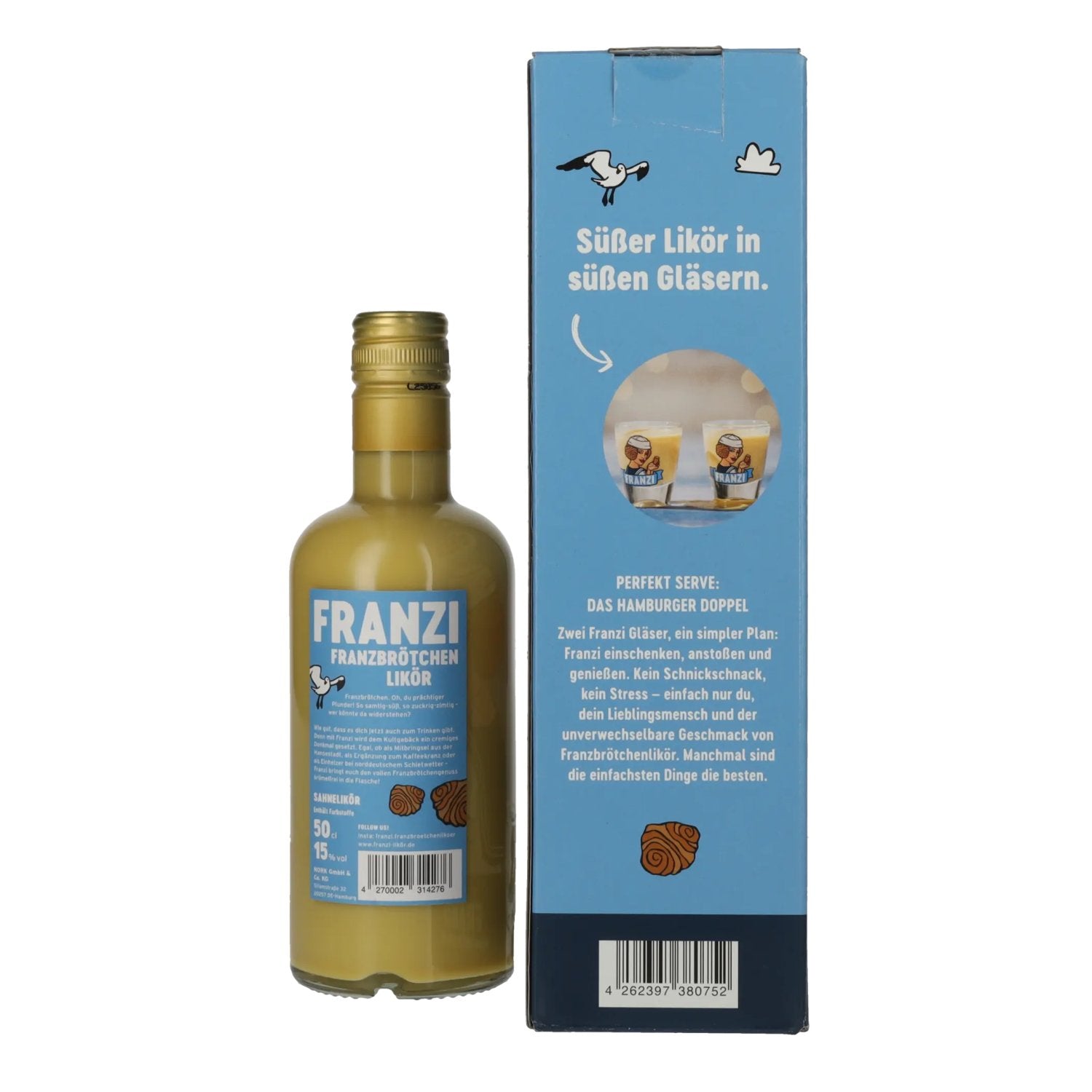 Franzi Franzbrötchen Likör 15% Vol. 0,5l in Geschenkbox mit 2 Shotgläser
