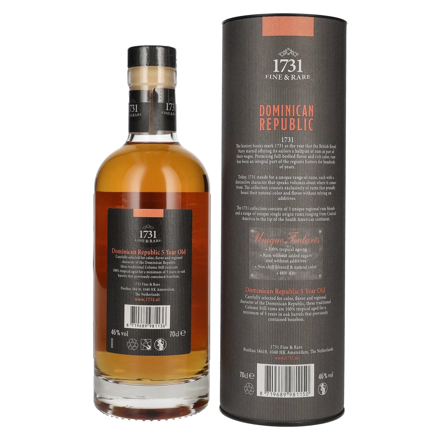 1731 Fine & Rare DOMINICAN REPUBLIC 5 Years Old Single Origin Rum 46% Vol. 0.7l in Gift Box