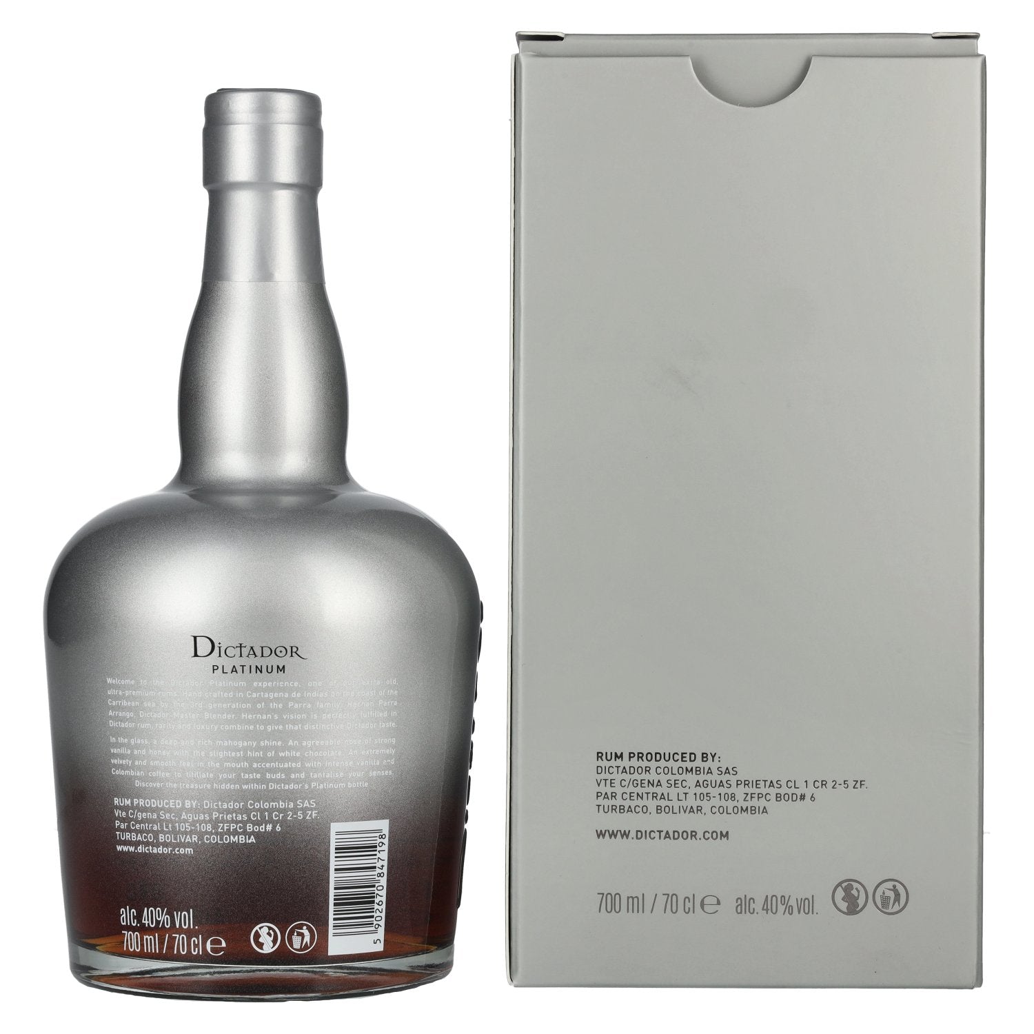 Dictador PLATINUM Colombian Aged Rum 40% Vol. 0.7l in Gift Box