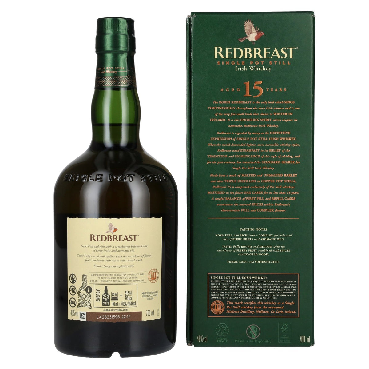 Redbreast 15 Years Old Single Pot Still Irish Whiskey 46% ABV 0.7l in a gift box