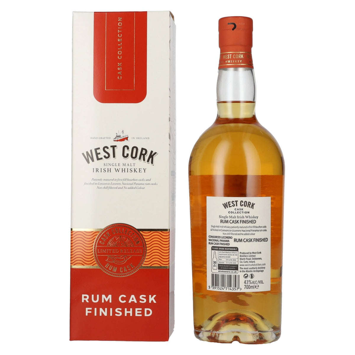 West Cork Irish Whiskey Rum Cask Finished 43% Vol. 0.7l in Gift Box