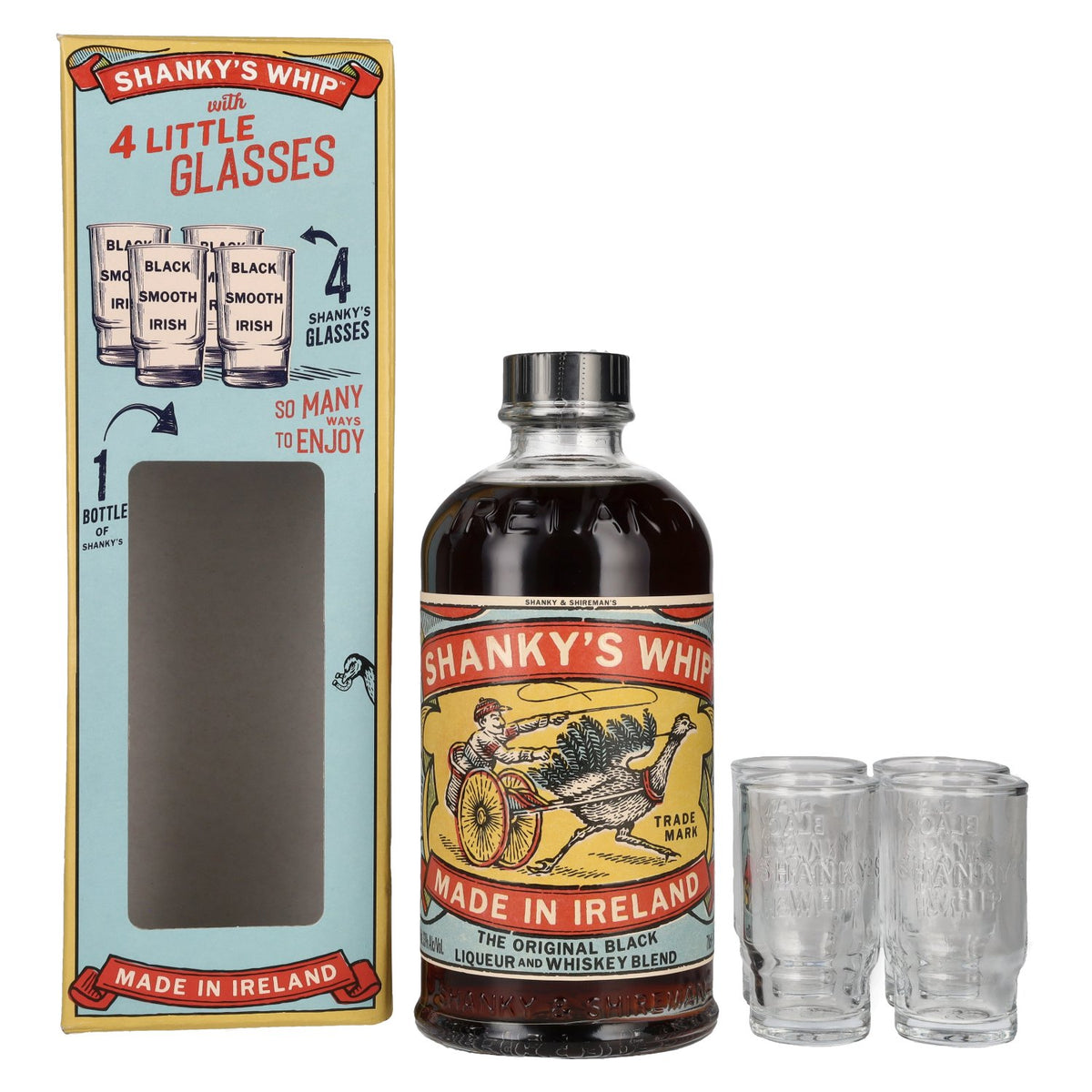 Shanky's Whip The Original Black Liqueur and Whiskey Blend 33% Vol. 0.7l in Gift Box with 4 Shot Glasses