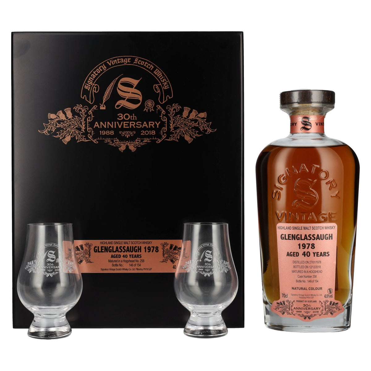 Signatory Vintage GLENGLASSAUGH 40 Years Old 30th ANNIVERSARY 1978 40,9% Vol. 0,7l in Holzkiste mit 2 Gläsern