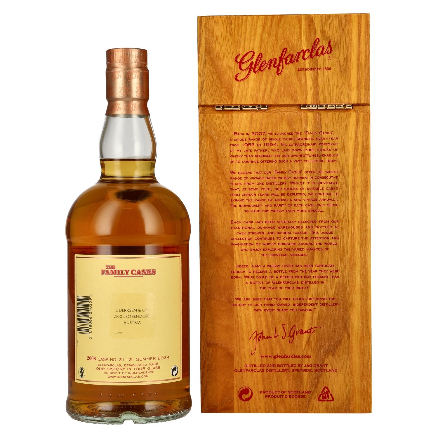 Glenfarclas THE FAMILY CASKS Single Cask SUMMER 2024 Plain Butt #2112 2008 57.7% Vol. 0.7l in wooden box