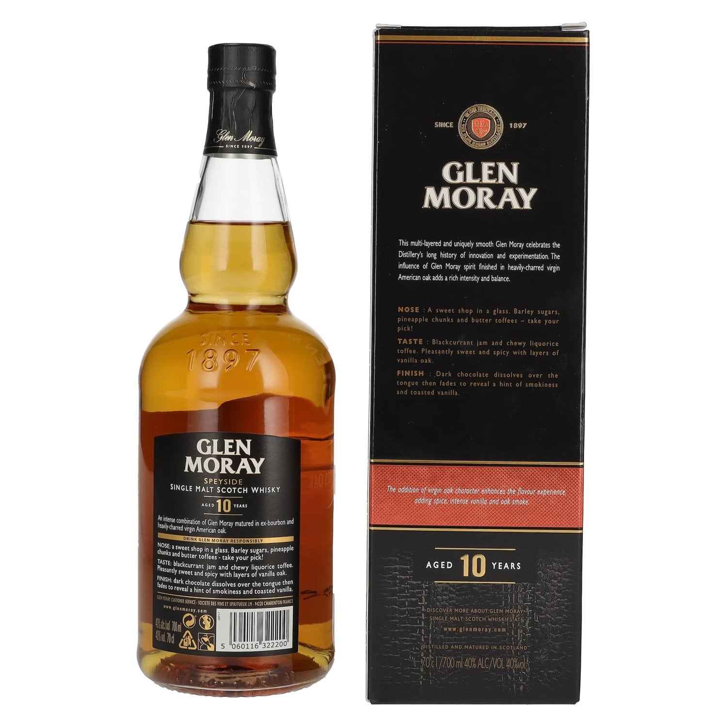 Glen Moray 10 Years Old Fired Oak Single Malt Scotch Whisky 40% Vol. 0.7L in Gift Box