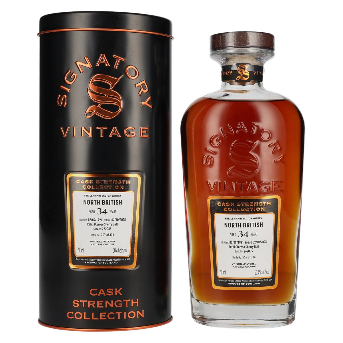 Signatory Vintage NORTH BRITISH 34 Years Old Refill Oloroso Cask Strength #262085 1991 50,4% Vol. 0,7l in Tinbox