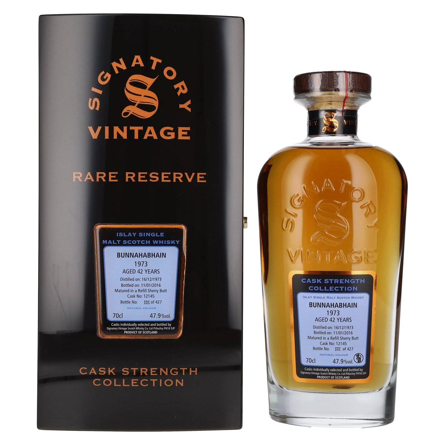 Signatory Vintage BUNNAHABHAIN 42 Years Old RARE RESERVE Cask Strength 1973 47.9% Vol. 0.7l in wooden box