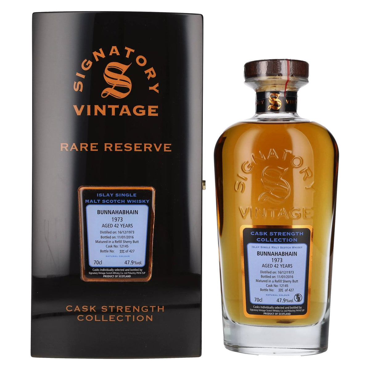 Signatory Vintage BUNNAHABHAIN 42 Years Old RARE RESERVE Cask Strength 1973 47.9% Vol. 0.7l in wooden box