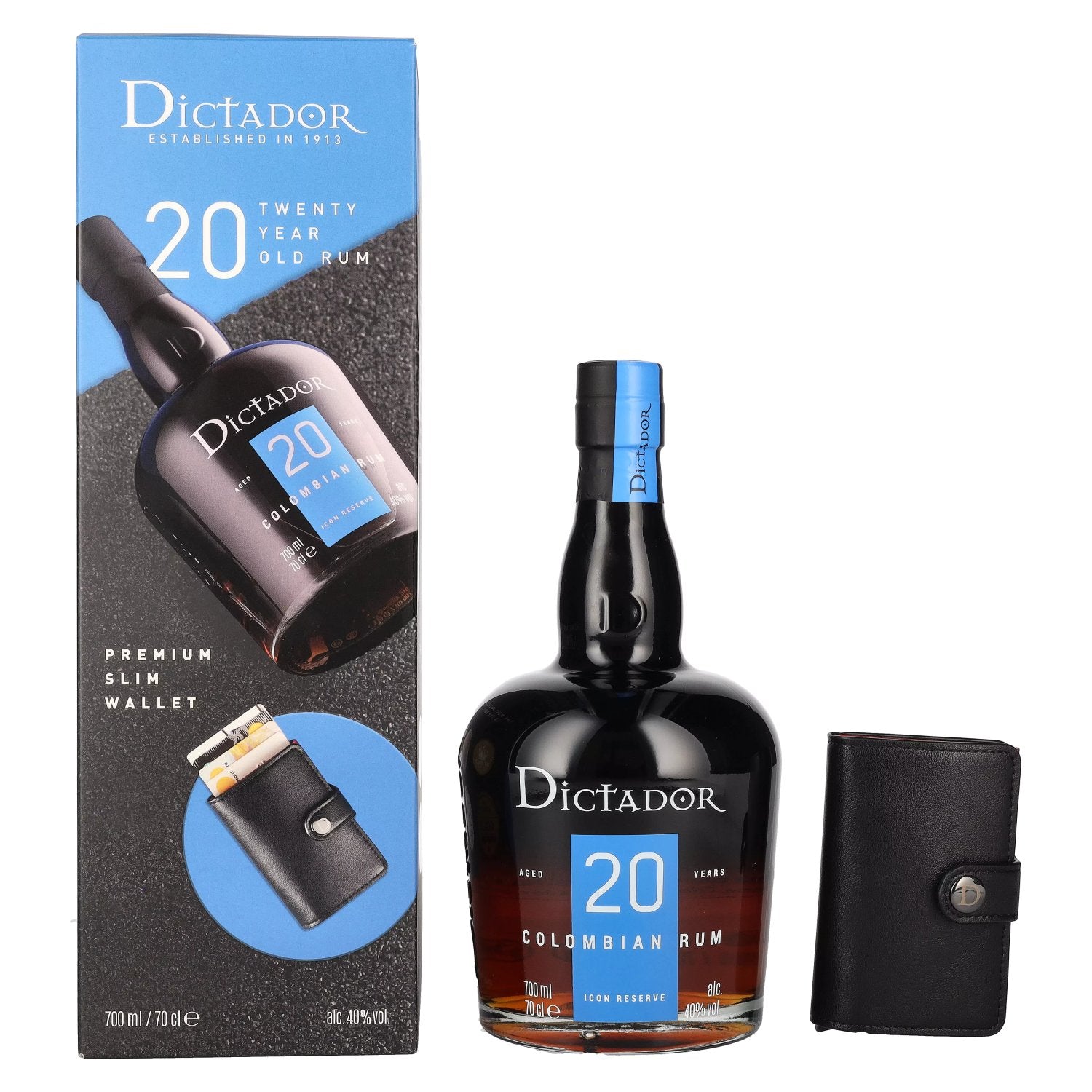 Dictador 20 Years Old ICON RESERVE Colombian Rum 40% Vol. 0.7l in gift box with wallet
