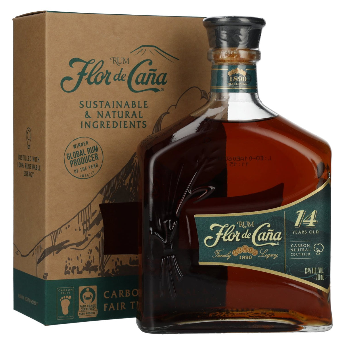 Flor de Caña 14-Year-Old Rum 43% ABV 0.7l in a gift box