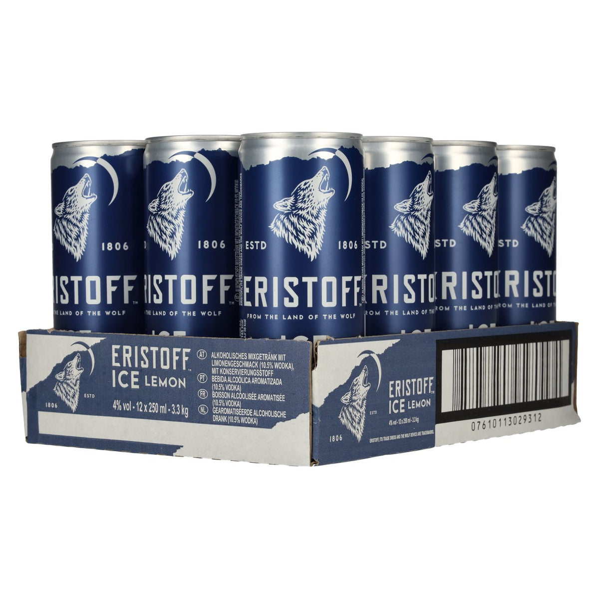 Eristoff Ice Lemon 4% ABV, 12 x 0.25-litre tins, deposit