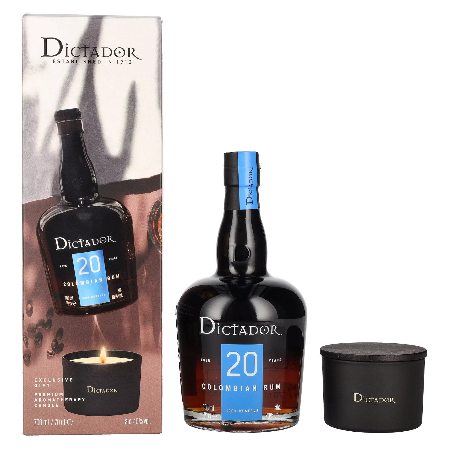 Dictador 20 Years Old ICON RESERVE Colombian Rum 40% Vol. 0.7l in gift box with candle