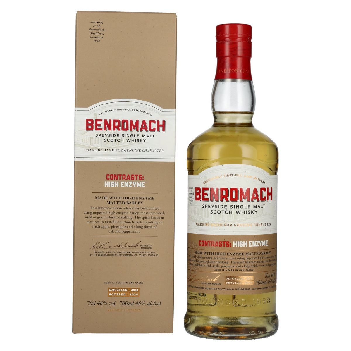 Benromach 12 Years Old HIGH ENZYME 1st-fill Bourbon Barrels Speyside Single Malt 2012 46% ABV 0.7l in a gift box