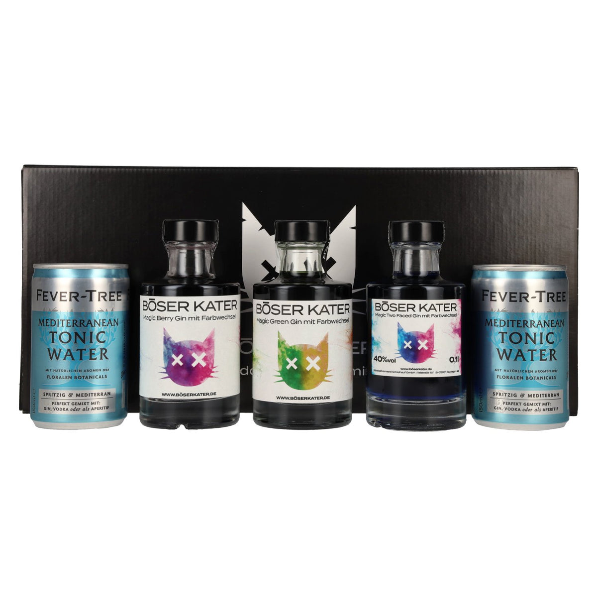 BÖSER KATER Farbwechsel Gin Tasting Set 40% Vol. 3x0,1l in Geschenkbox mit 2 Dosen Fever-Tree Mediterranean Tonic Water