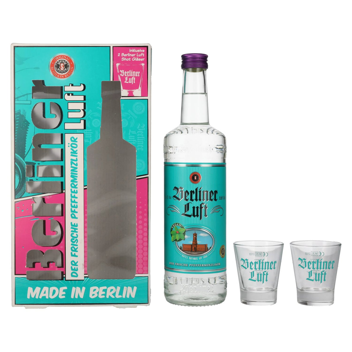 Berliner Luft DER FRISCHE peppermint liqueur 18% vol. 0.7l in a gift box with 2 glasses